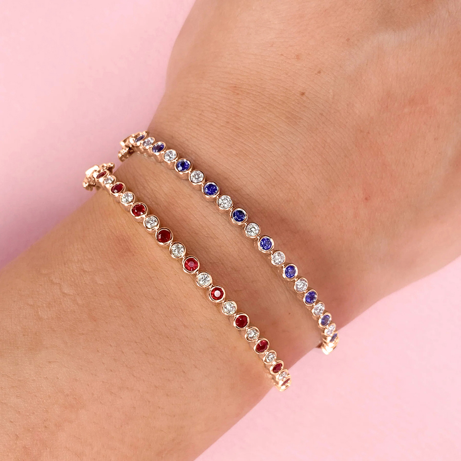 Lab Grown Blue Sapphire & Diamond Bangle Bracelet 14K Rose Gold (1.15ct)