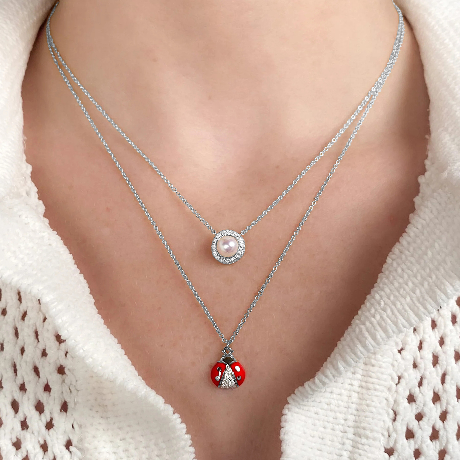 Diamond & Cultured Pearl Halo Pendant Necklace 14K White Gold (0.13ct)