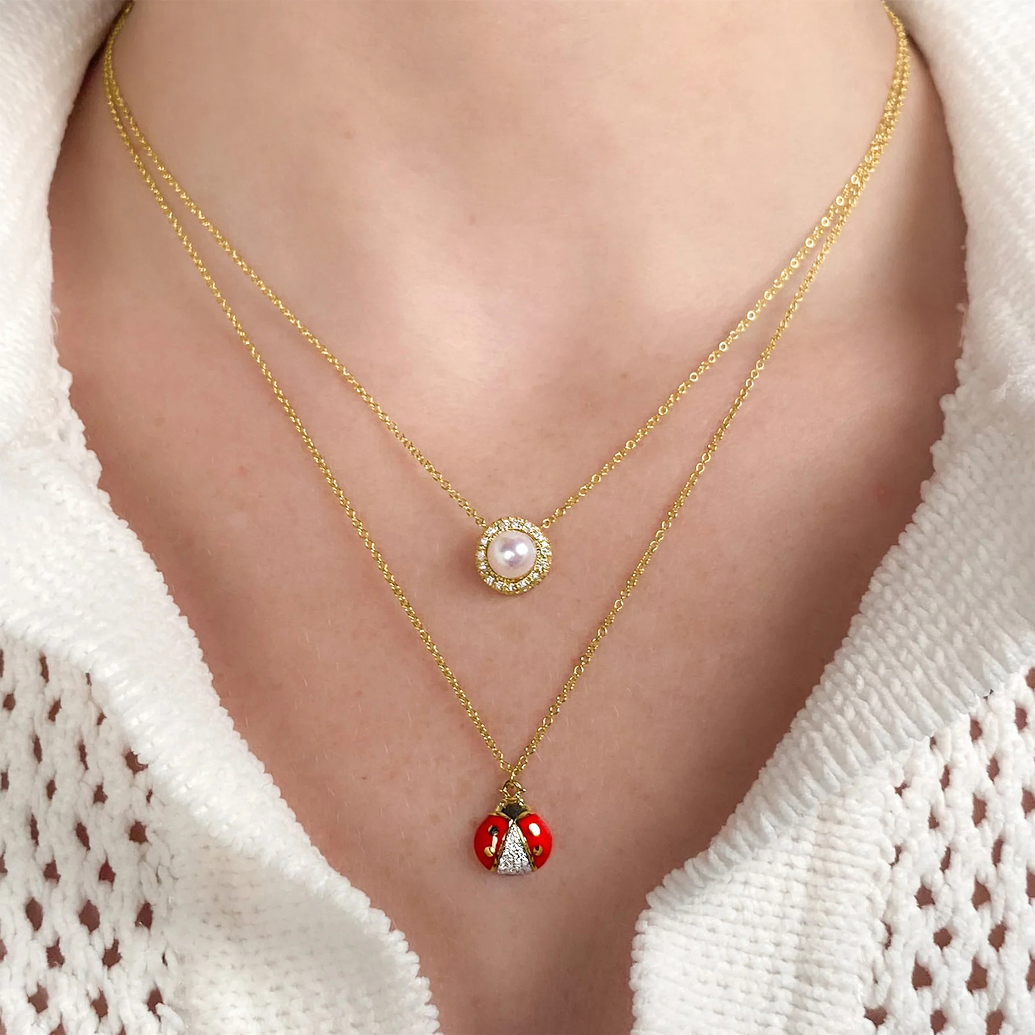 Diamond & Cultured Pearl Halo Pendant Necklace 14K Yellow Gold (0.13ct)