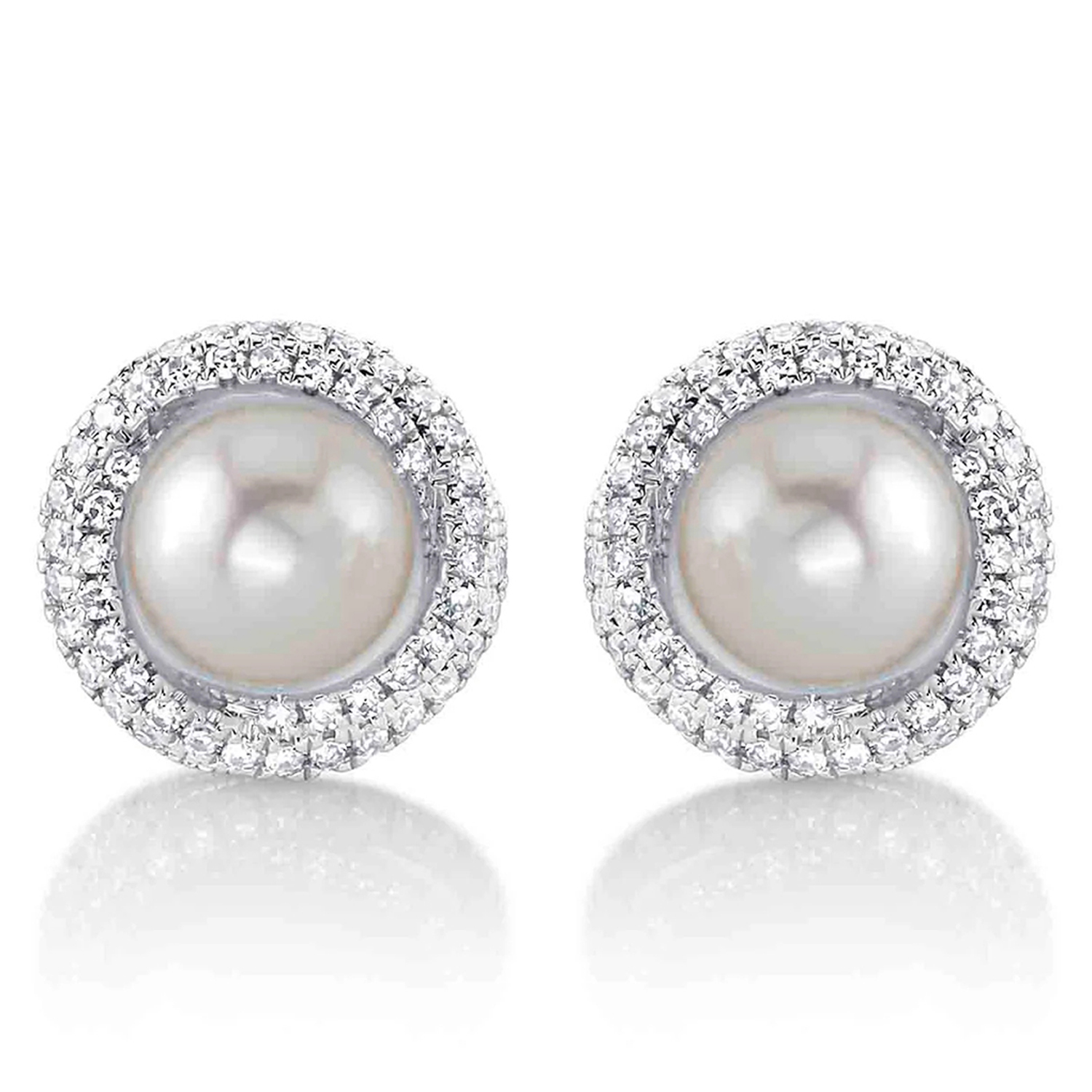 Diamond & Cultured Pearl Stud Halo Earrings 14K White Gold (0.26ct)