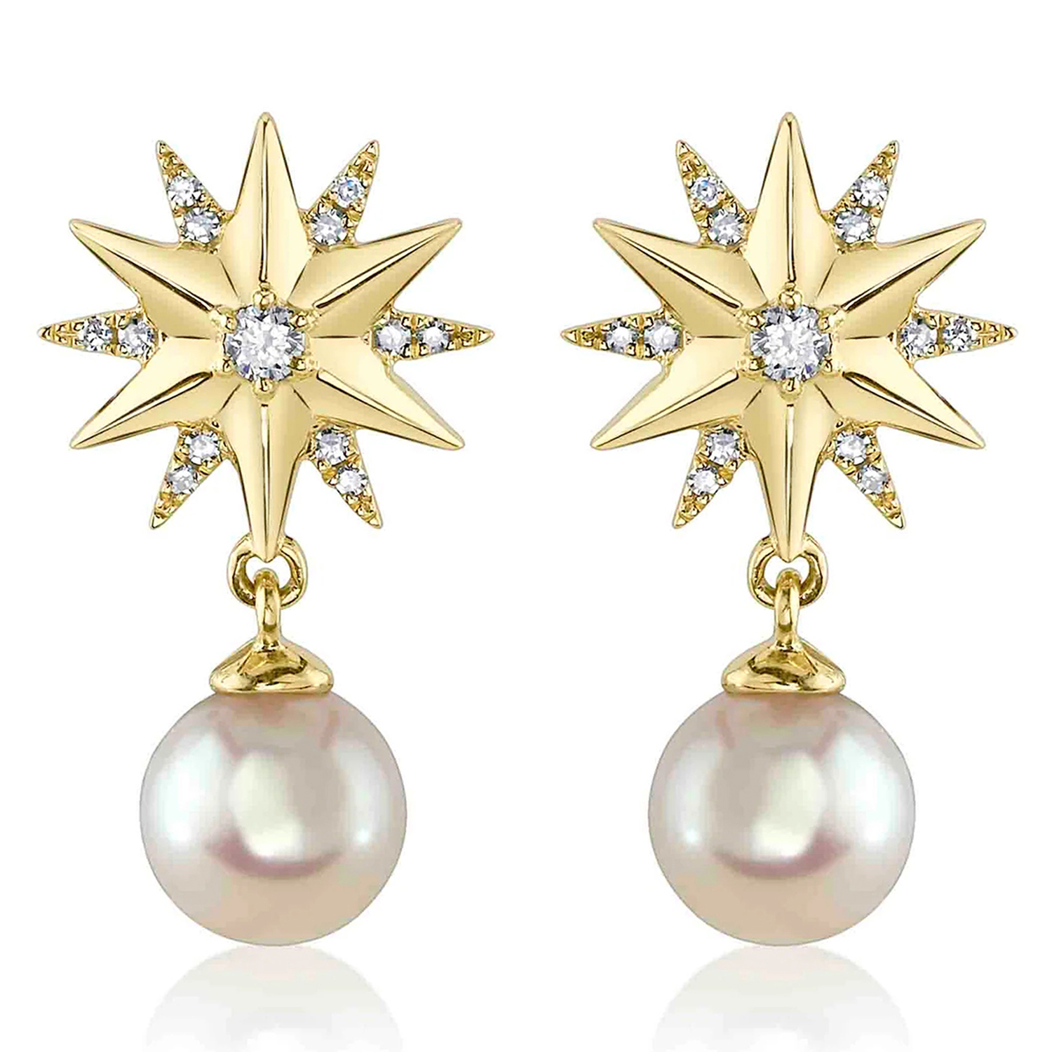 Diamond & Cultured Pearl Star Dangling Earrings 14K Yellow Gold (0.11ct)