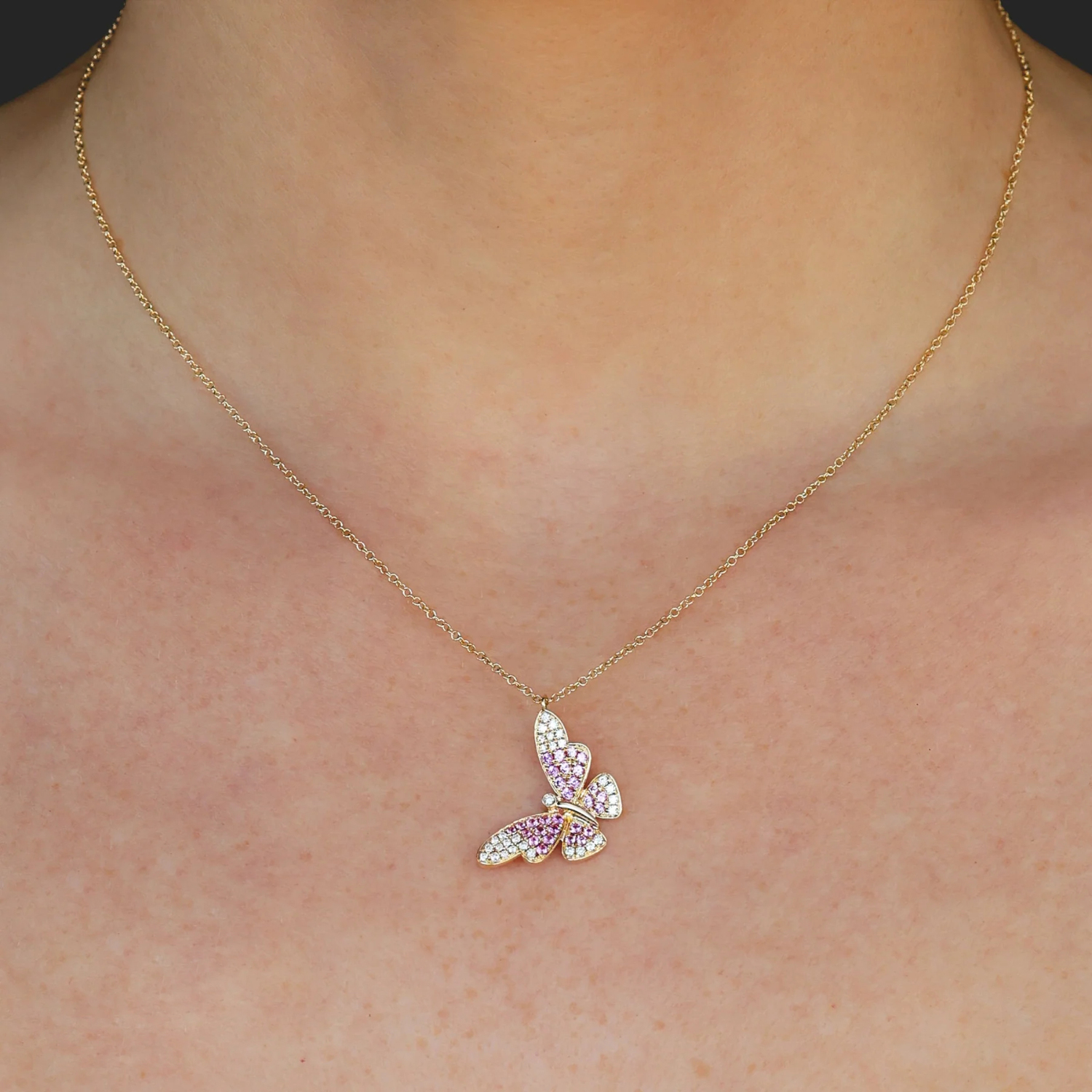 Pink Sapphire & Diamond Butterfly Pendant Necklace 14K Yellow Gold (0.55ct)