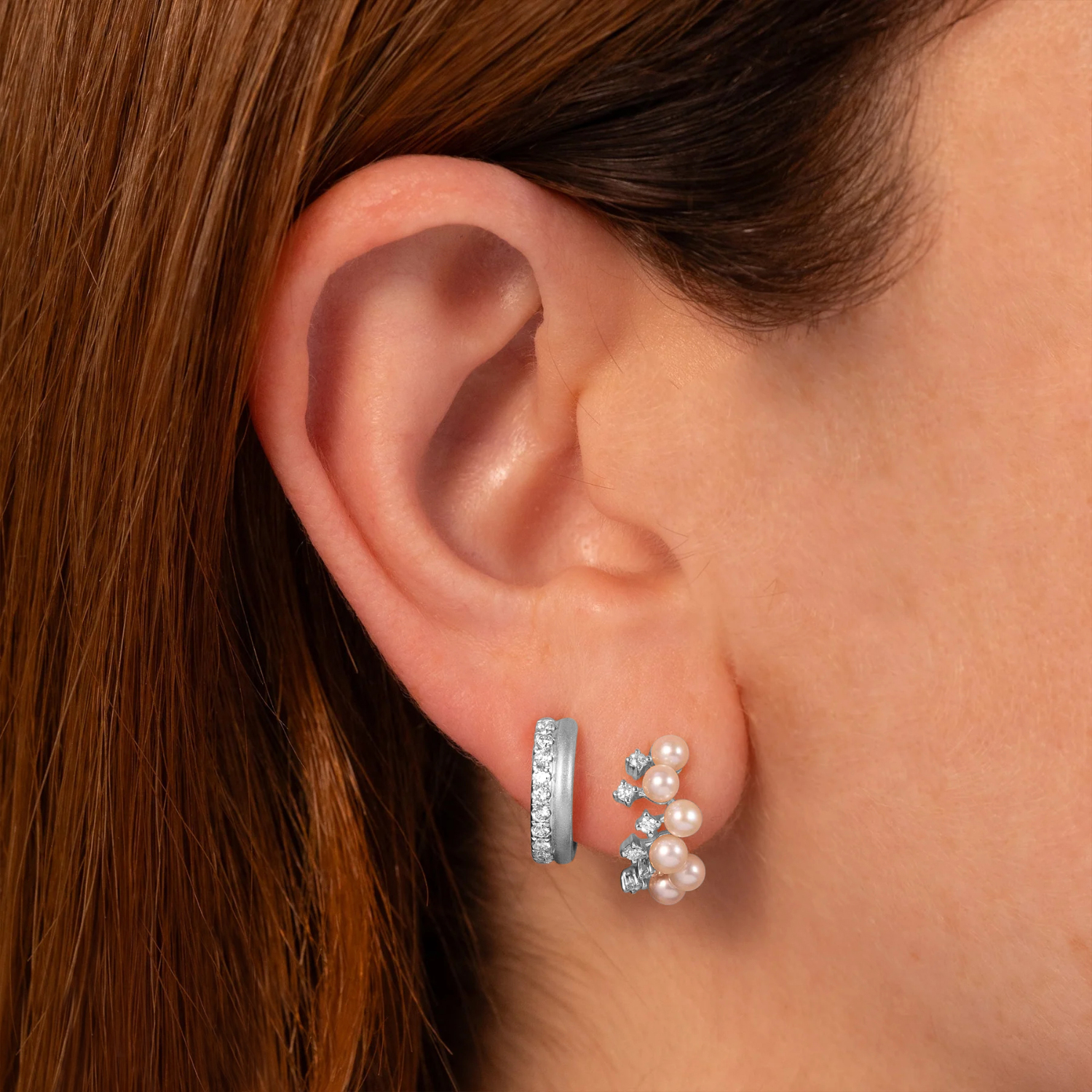 Cultured Pearl & Diamond Huggie Earrings 14K White Gold (0.17ct)