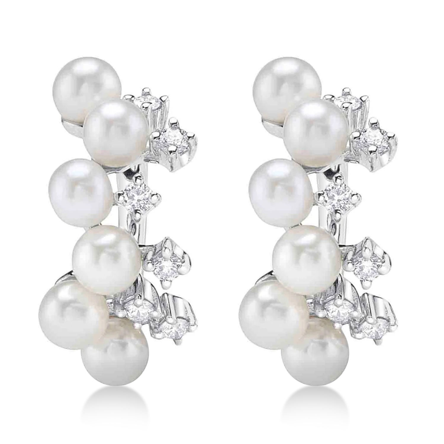 Cultured Pearl & Diamond Huggie Earrings 14K White Gold (0.17ct)