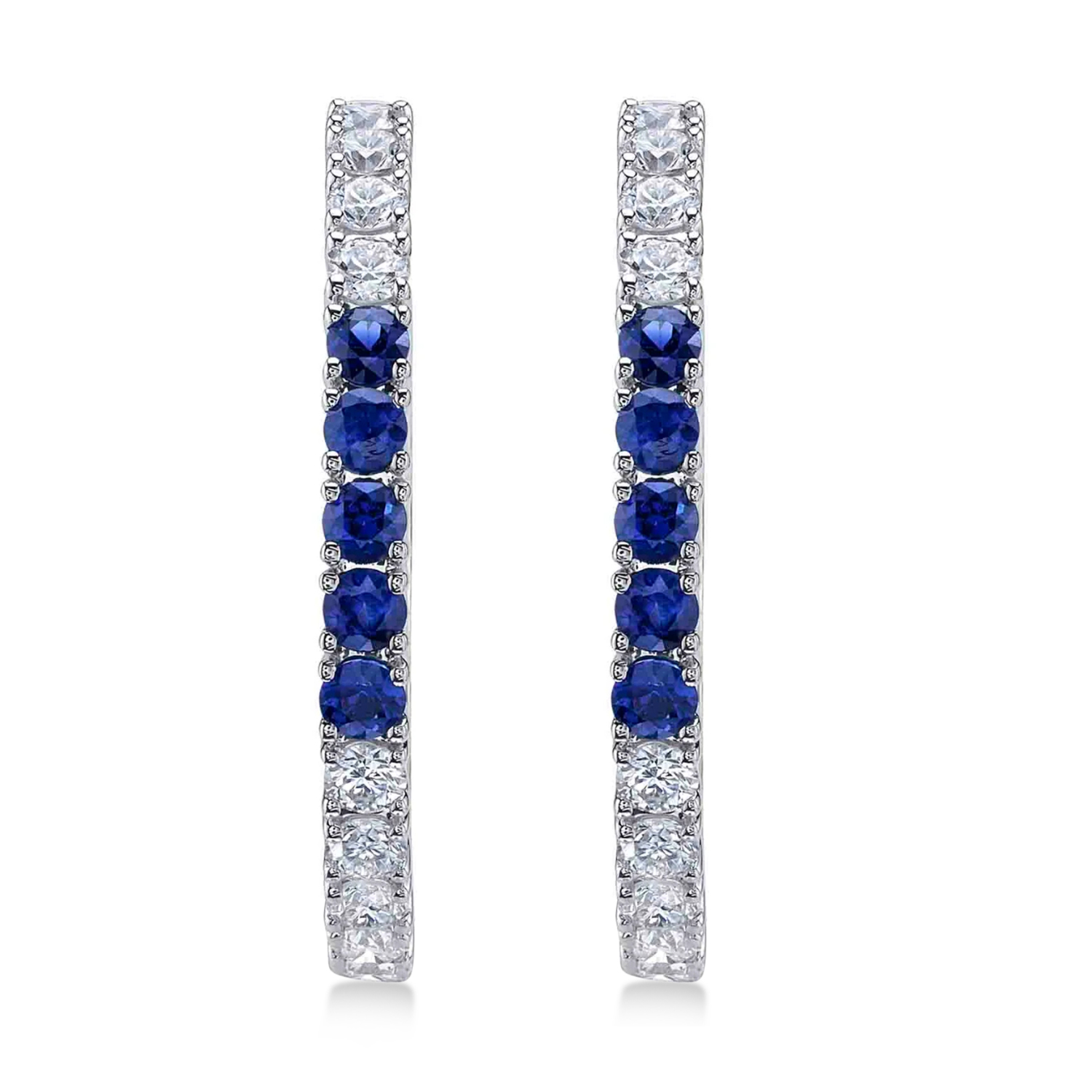 Lab Grown Blue Sapphire & Diamond Hoop Earrings 14K White Gold (1.52ct)