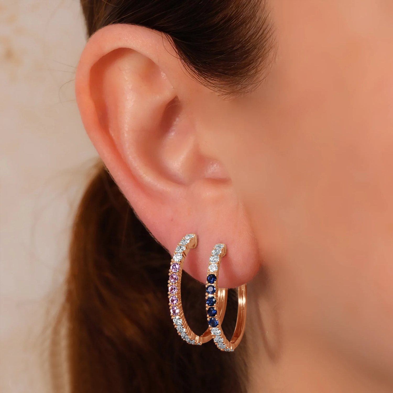 Blue Sapphire & Diamond Hoop Earrings 14K Rose Gold (1.52ct)