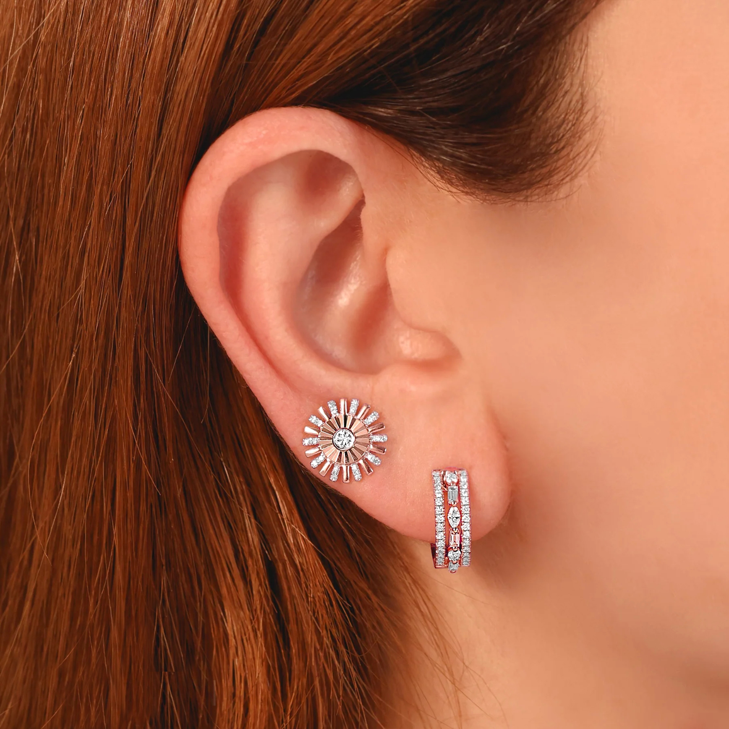 Lab Grown Diamond Baguette Marquise Huggie Earrings 14K Rose Gold (0.59ct)