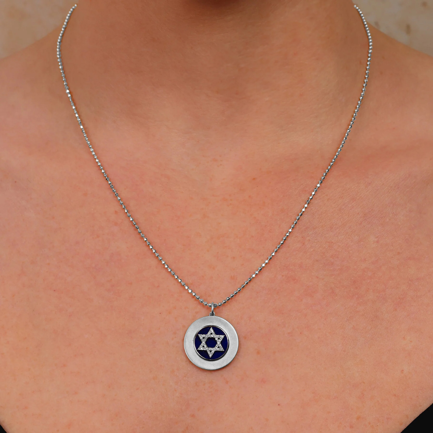 Lapis & Diamond Jewish Star of David Disc Pendant Necklace 14K White Gold (2.59ct)