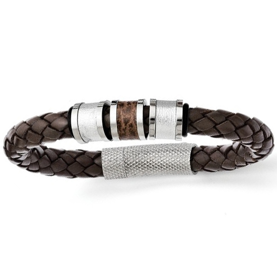 Men's Stainless Steel Polished Brown Leather Black Rubber Bracelet