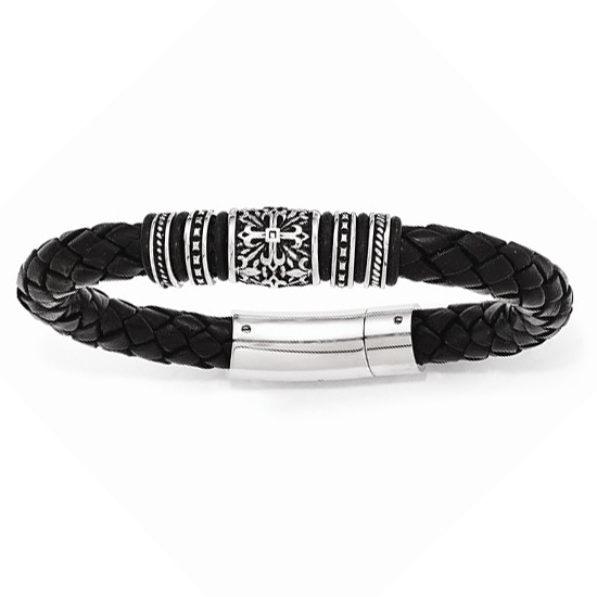 Men's Antiqued & Polished Rubbert Black Genuine Leather Bracelet