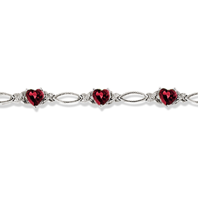 Heart Shaped Garnet & Diamond Link Bracelet 14k White Gold (3.00ctw)