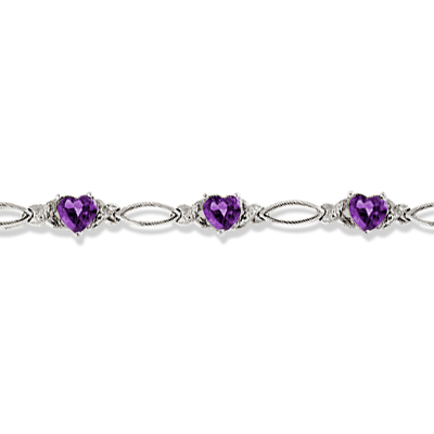 Heart Shaped Amethyst & Diamond Link Bracelet 14k White Gold (3.00ctw)
