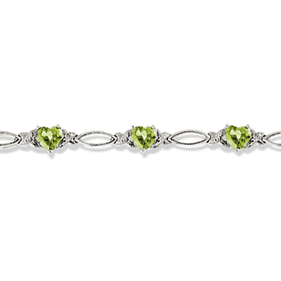 Heart Shaped Peridot & Diamond Link Bracelet 14k White Gold (3.00ctw)