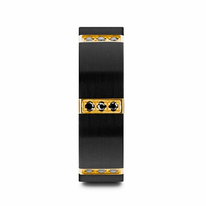 Brushed Gold Plated Bezels & Black Diamond Tungsten Wedding Band (8mm)