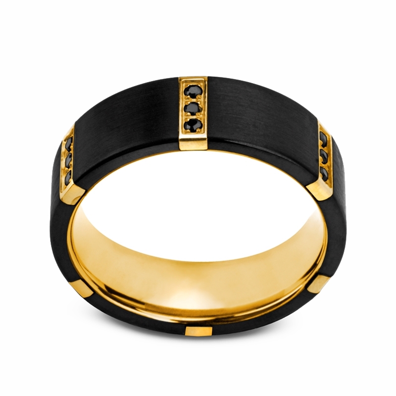Brushed Gold Plated Bezels & Black Diamond Tungsten Wedding Band (8mm)