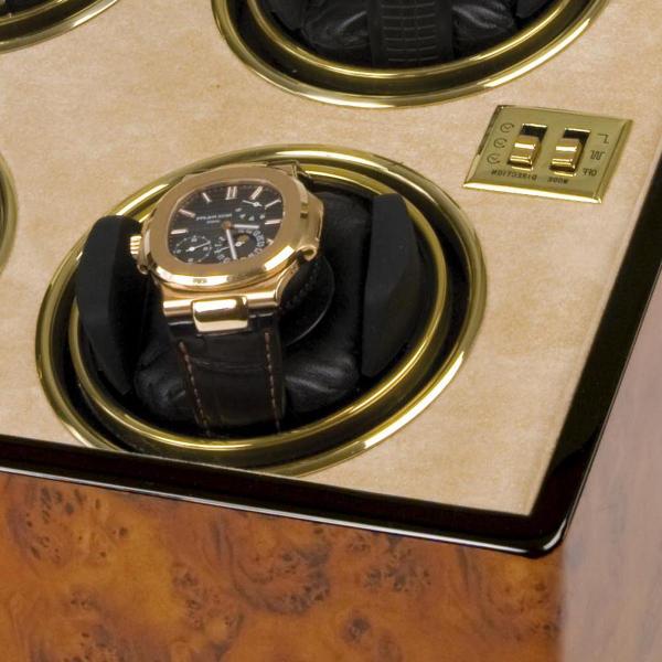 Rapport London Walnut Burr Wood Quad Watch Winder w/ Glass Lid