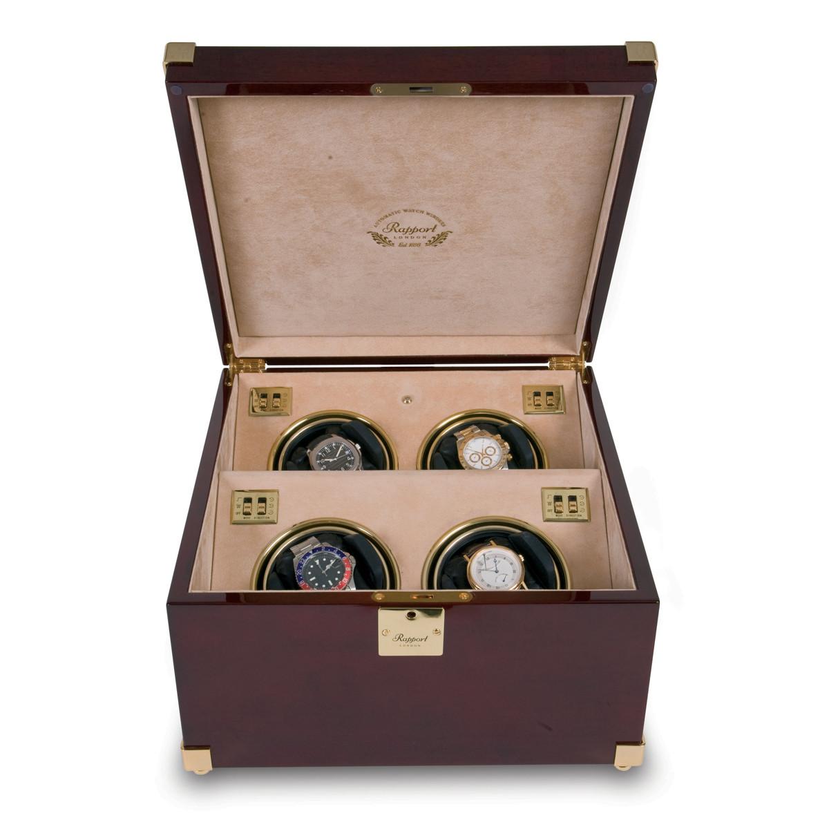 Rapport London Optima Captain's Quad Watch Winder Mahogany w/ Brass