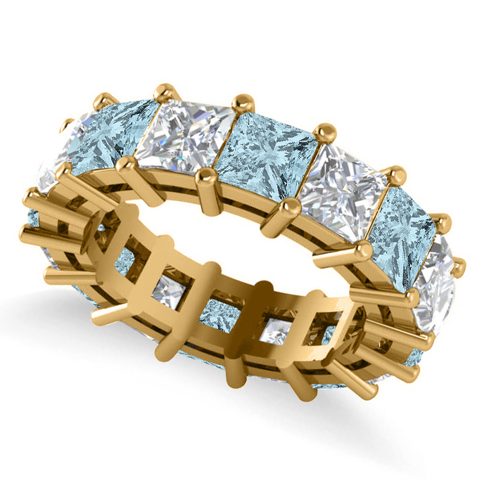 Princess Diamond & Aquamarine Wedding Band 14k Yellow Gold (10.08ct)