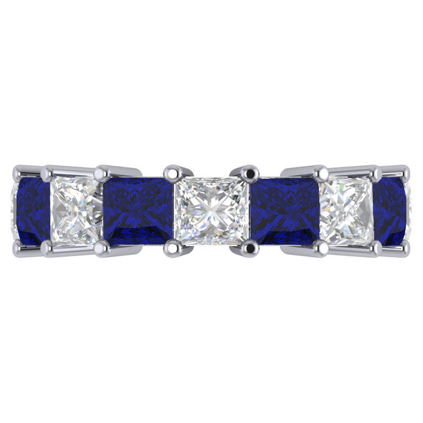 Princess Diamond & Blue Sapphire Wedding Band 14k White Gold (10.08ct)