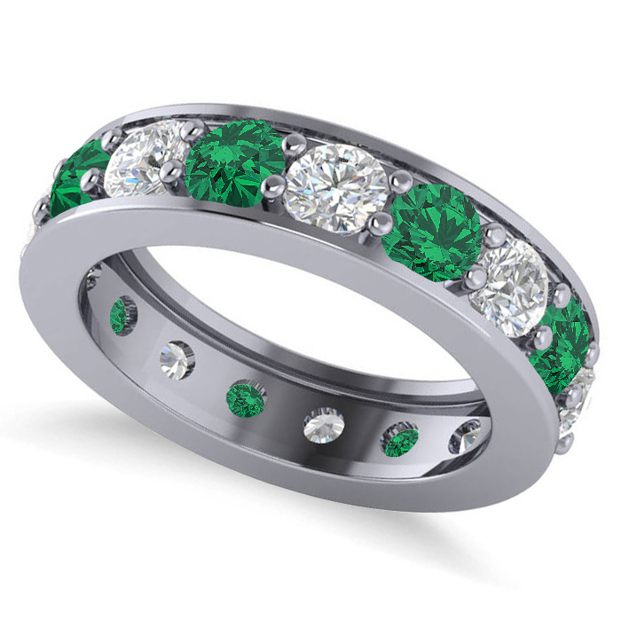 Diamond & Emerald Eternity Channel Wedding Band 14k White Gold (3.76ct)