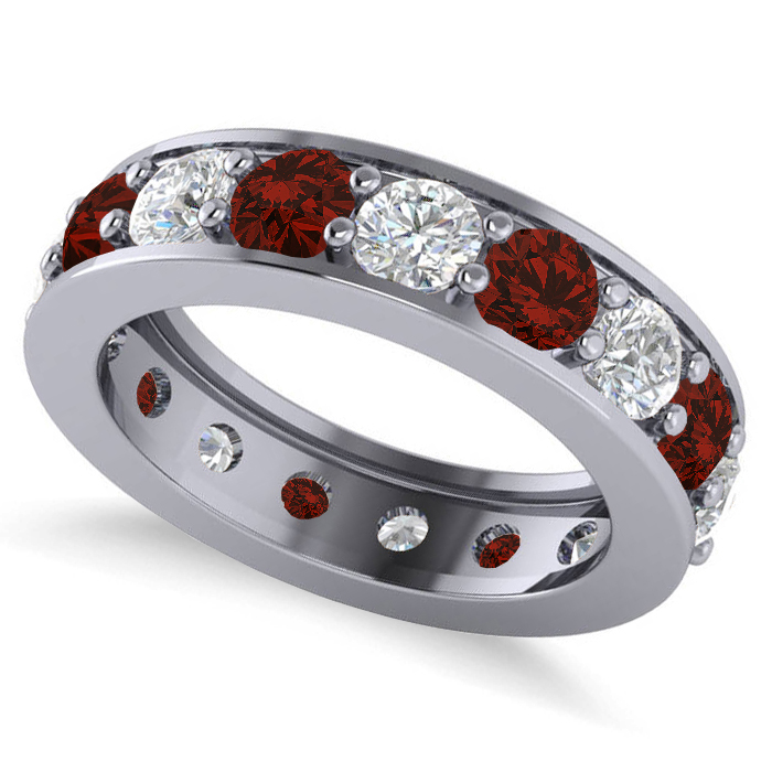 Diamond & Garnet Eternity Channel Wedding Band 14k White Gold (3.85ct)