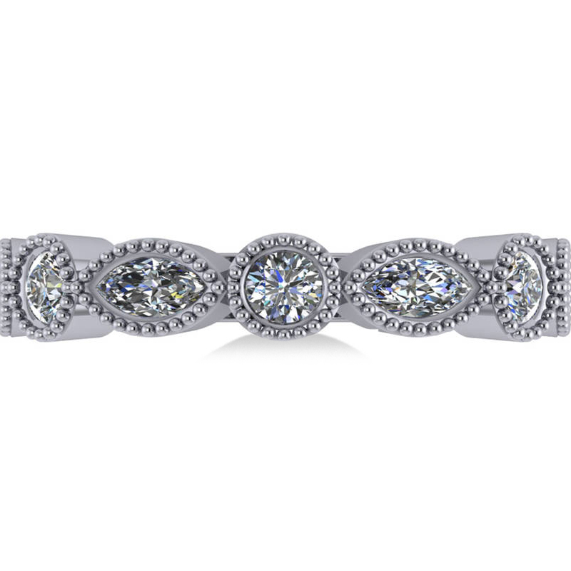 Marquise & Round Diamond Milgrain Edged Band 14k White Gold (0.90ct)