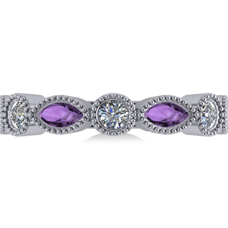 Marquise & Round Diamond & Amethyst Band 14k White Gold (0.90ct)
