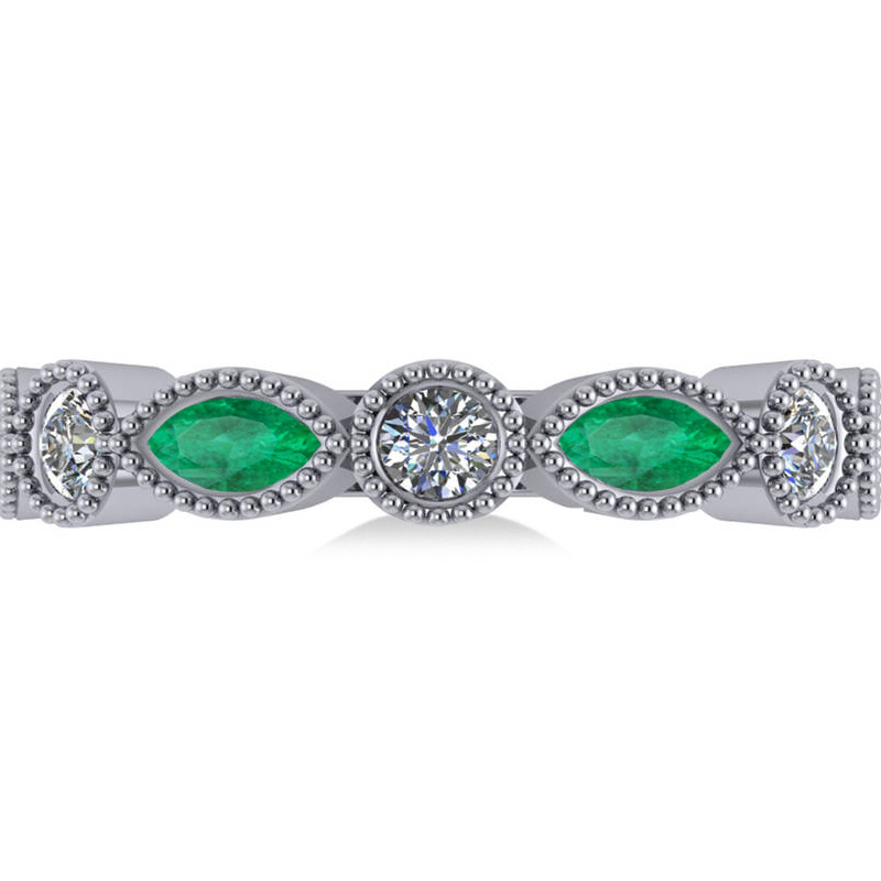 Marquise & Round Diamond & Emerald Band 14k White Gold (0.90ct)