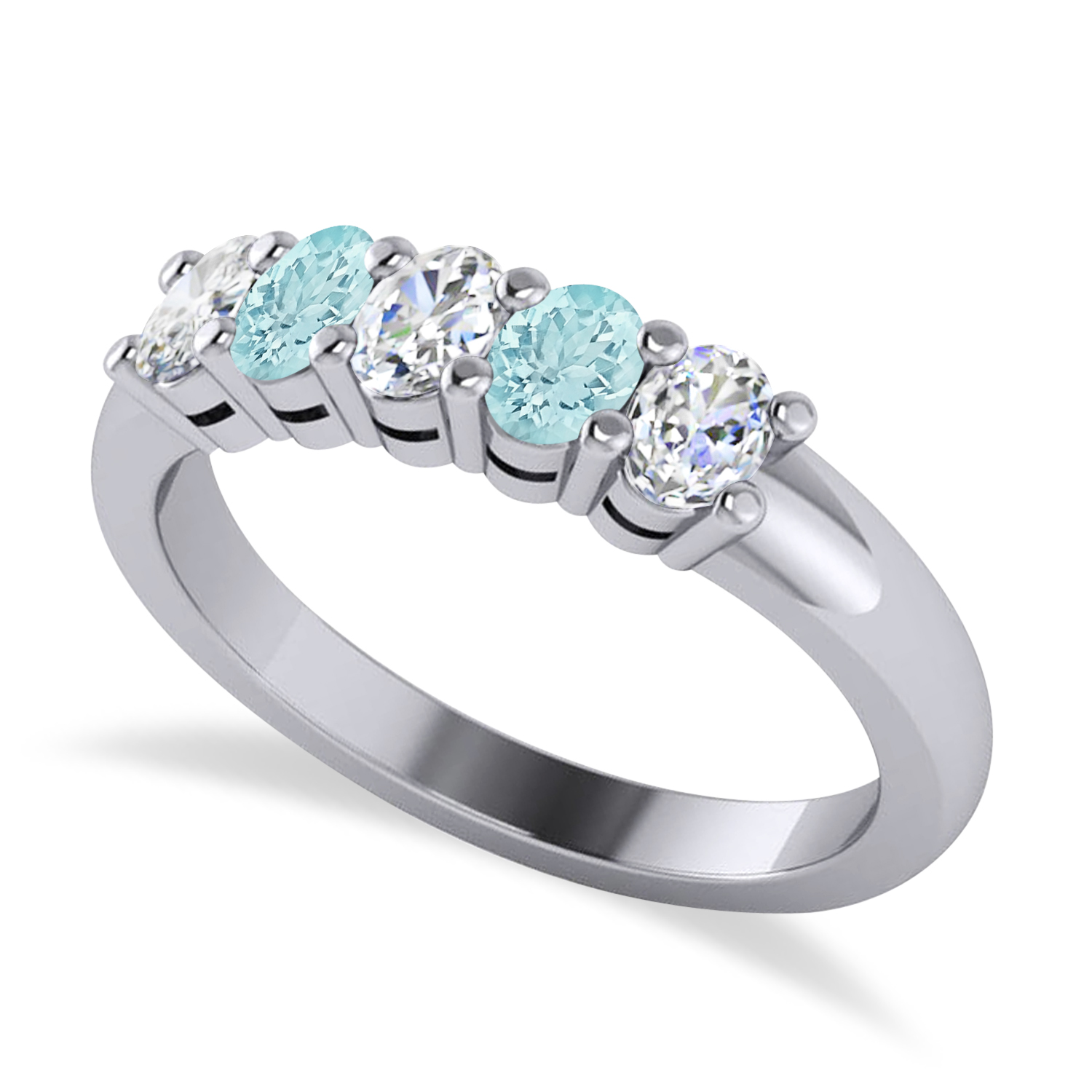 Oval Diamond & Aquamarine Five Stone Ring 14k White Gold (1.00ct)