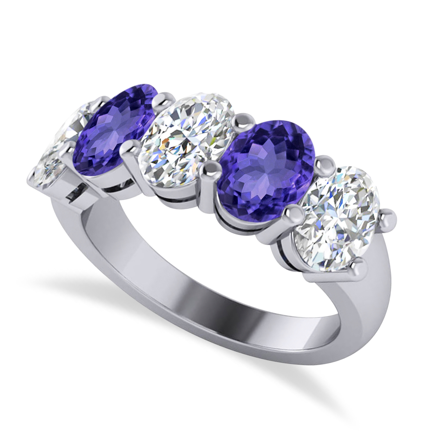 Oval Diamond & Tanzanite Five Stone Ring 14k White Gold (5.00ct)