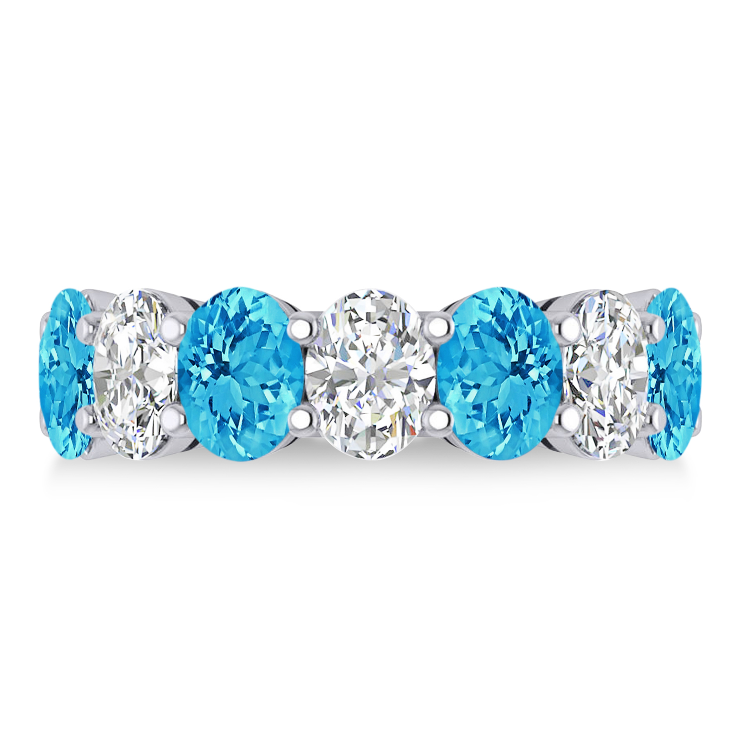 Oval Diamond & Blue Topaz Seven Stone Ring 14k White Gold (7.40ct)