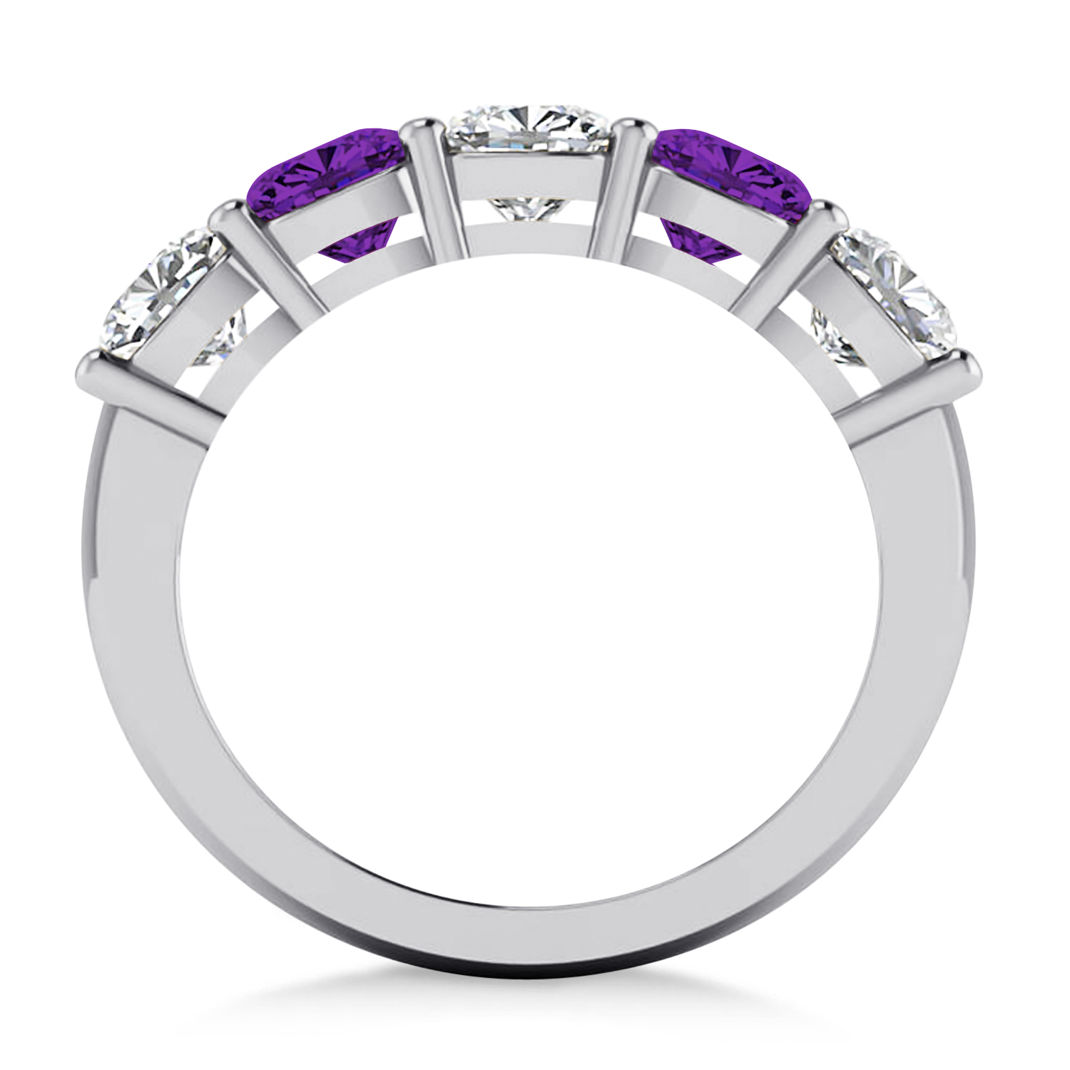 Cushion Diamond & Amethyst Five Stone Ring 14k White Gold (2.70ct)