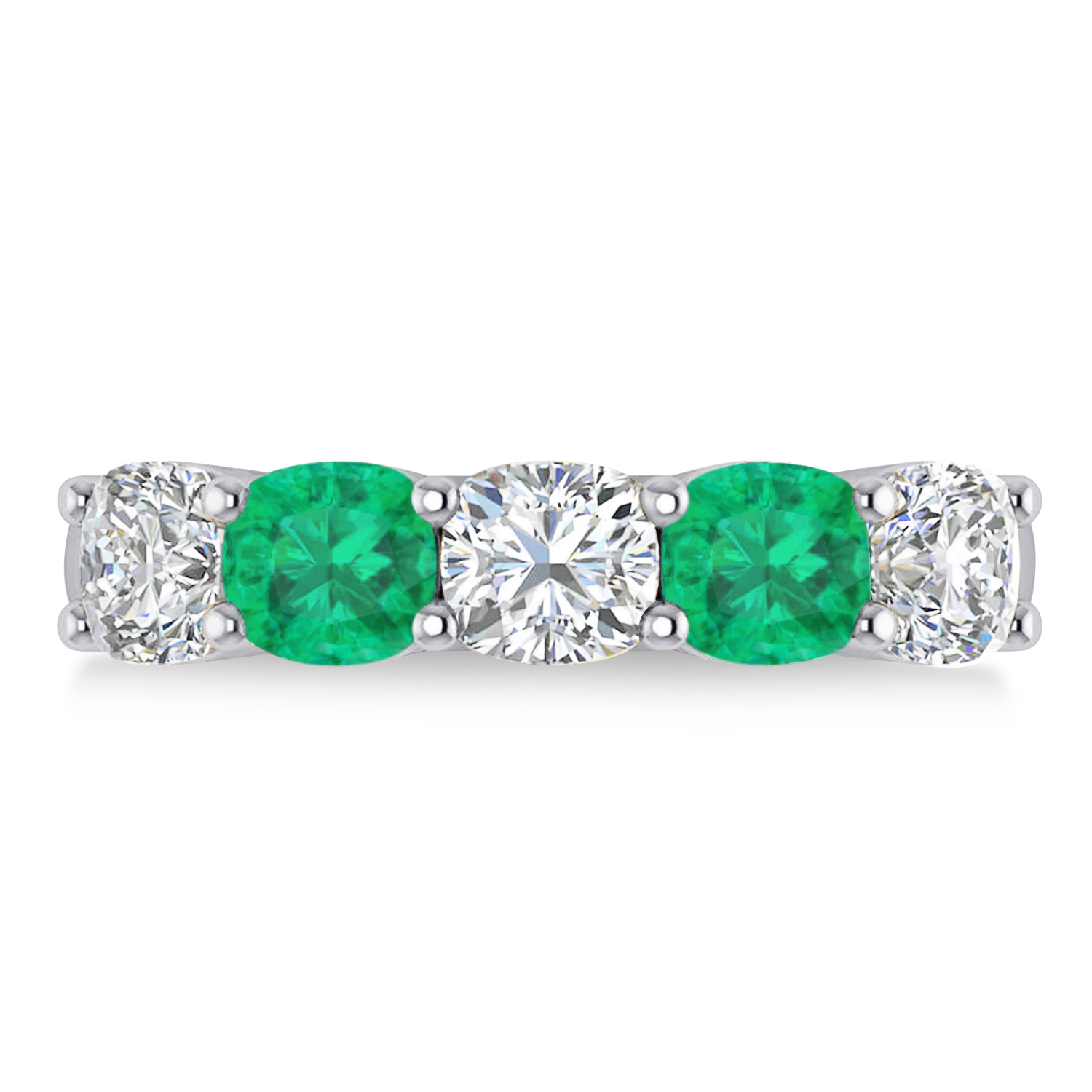 Cushion Diamond & Emerald Five Stone Ring 14k White Gold (2.70ct)