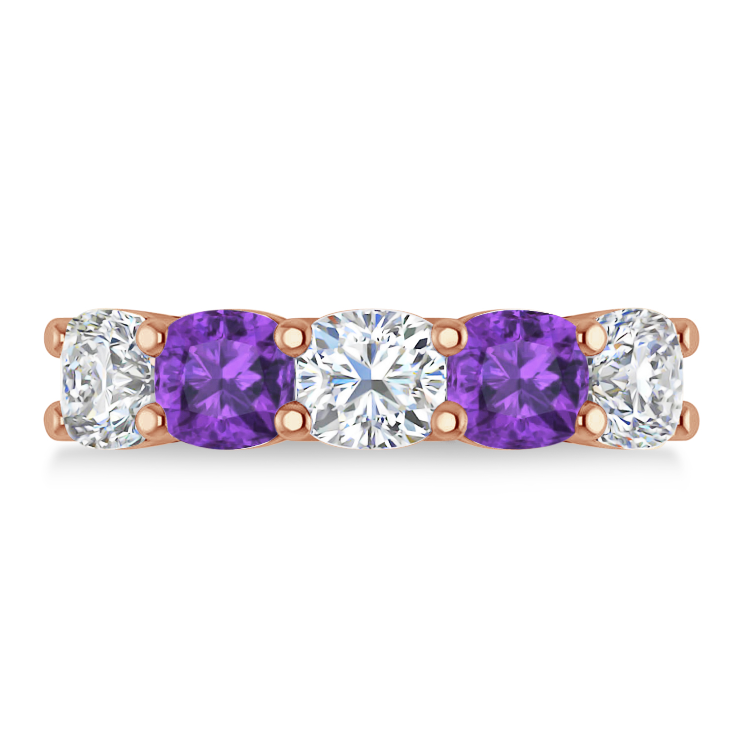 Cushion Diamond & Amethyst Five Stone Ring 14k Rose Gold (4.05ct)