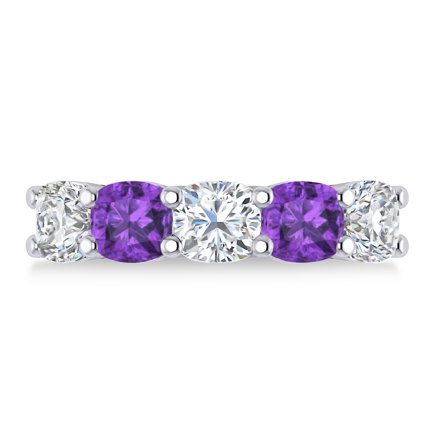Cushion Diamond & Amethyst Five Stone Ring 14k White Gold (4.05ct)