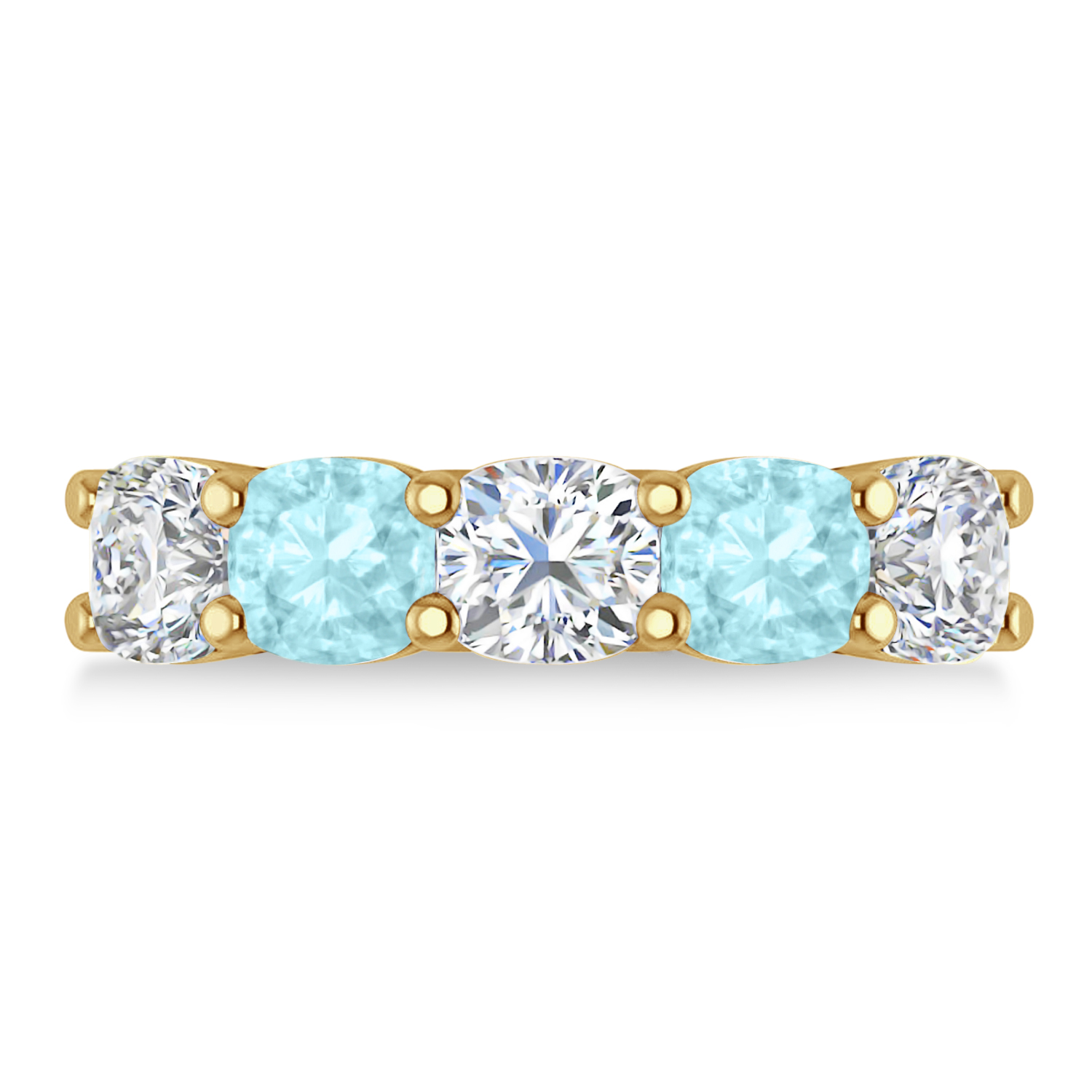 Cushion Diamond & Aquamarine Five Stone Ring 14k Yellow Gold (4.05ct)