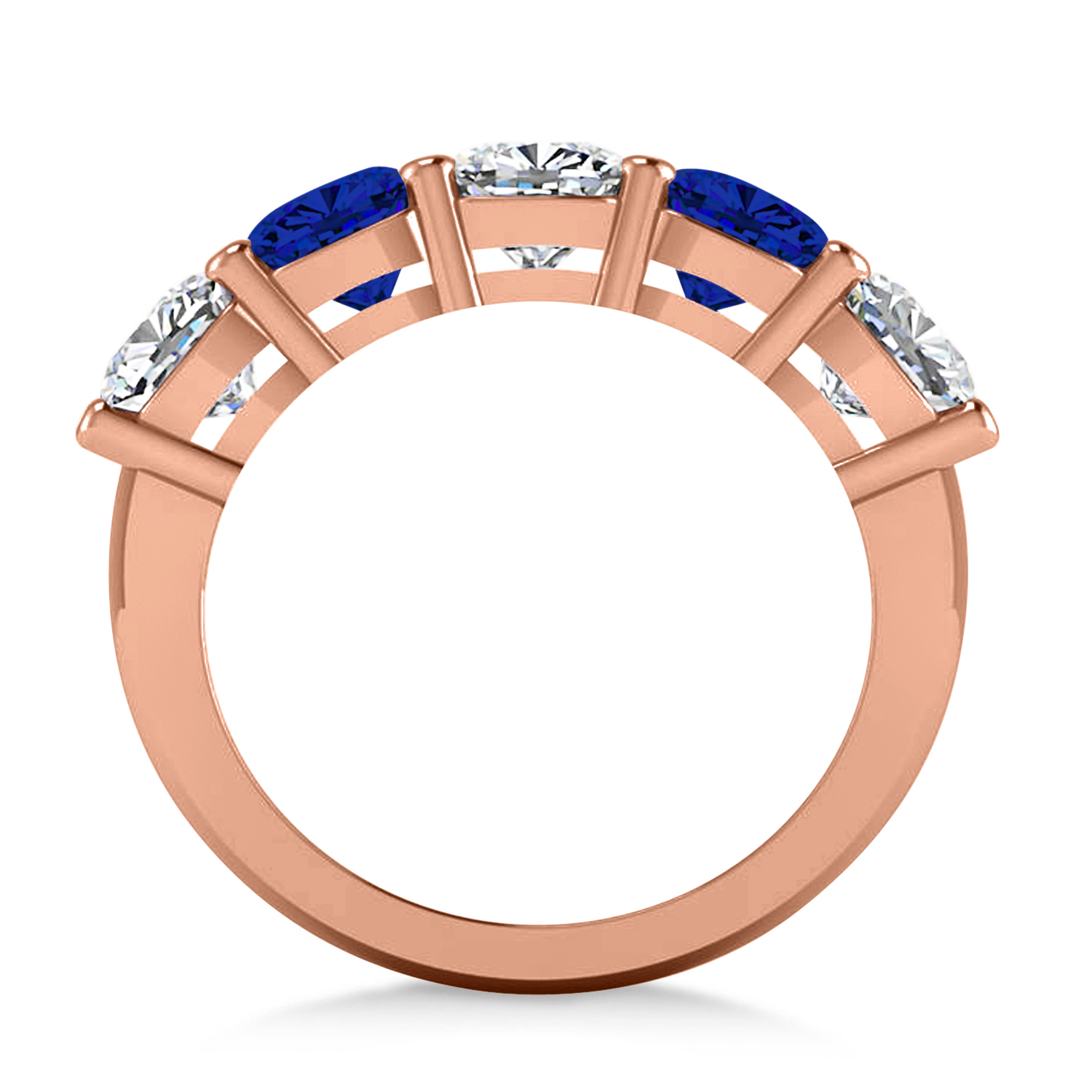 Cushion Diamond & Blue Sapphire Five Stone Ring 14k Rose Gold (4.05ct)