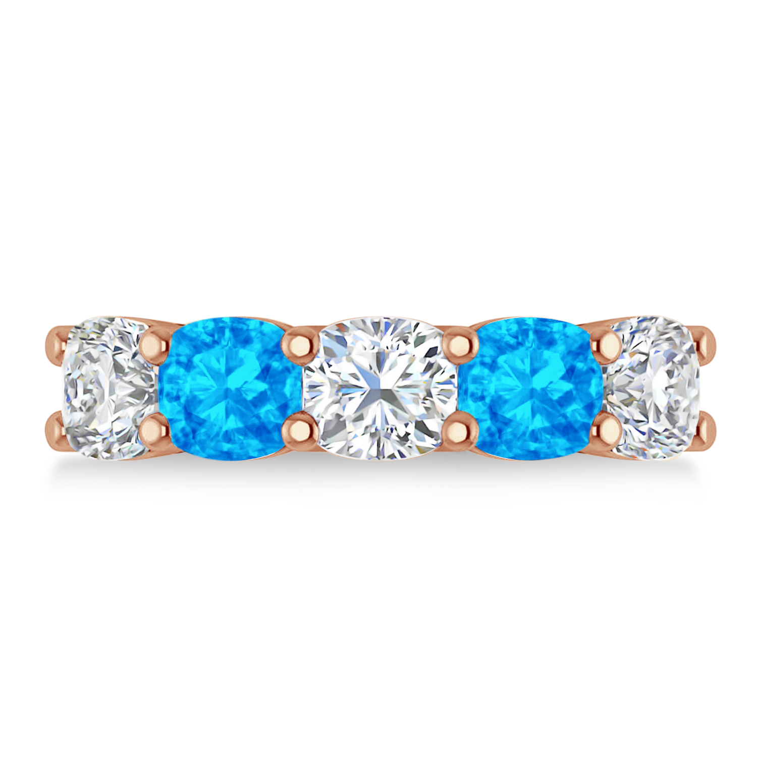 Cushion Diamond & Blue Topaz Five Stone Ring 14k Rose Gold (4.05ct)