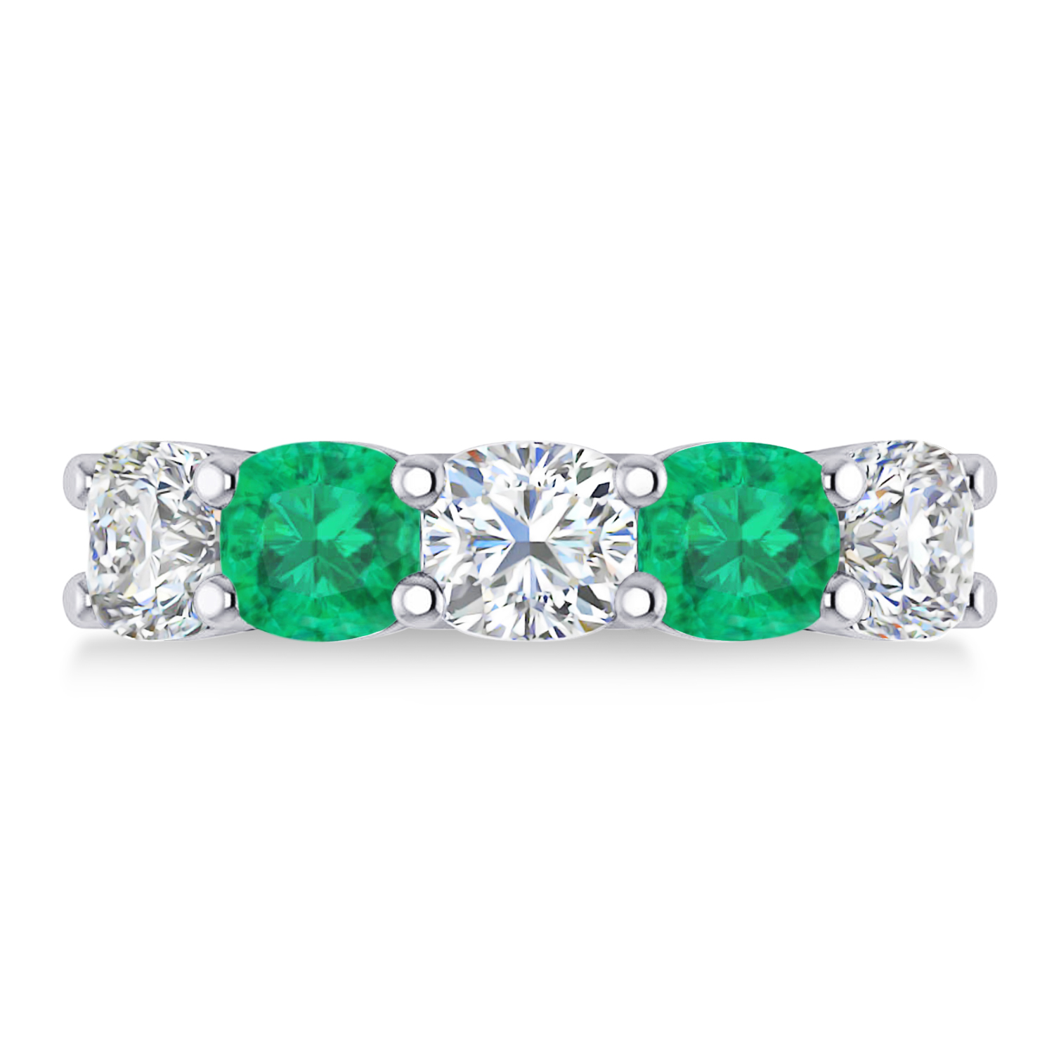Cushion Diamond & Emerald Five Stone Ring 14k White Gold (4.05ct)