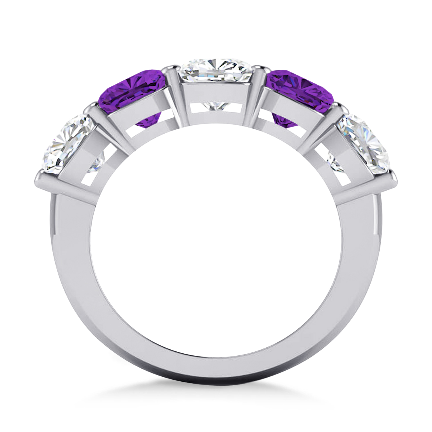 Cushion Diamond & Amethyst Five Stone Ring 14k White Gold (5.20ct)