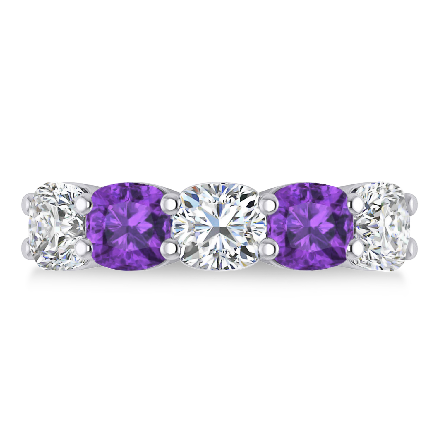 Cushion Diamond & Amethyst Five Stone Ring 14k White Gold (5.20ct)