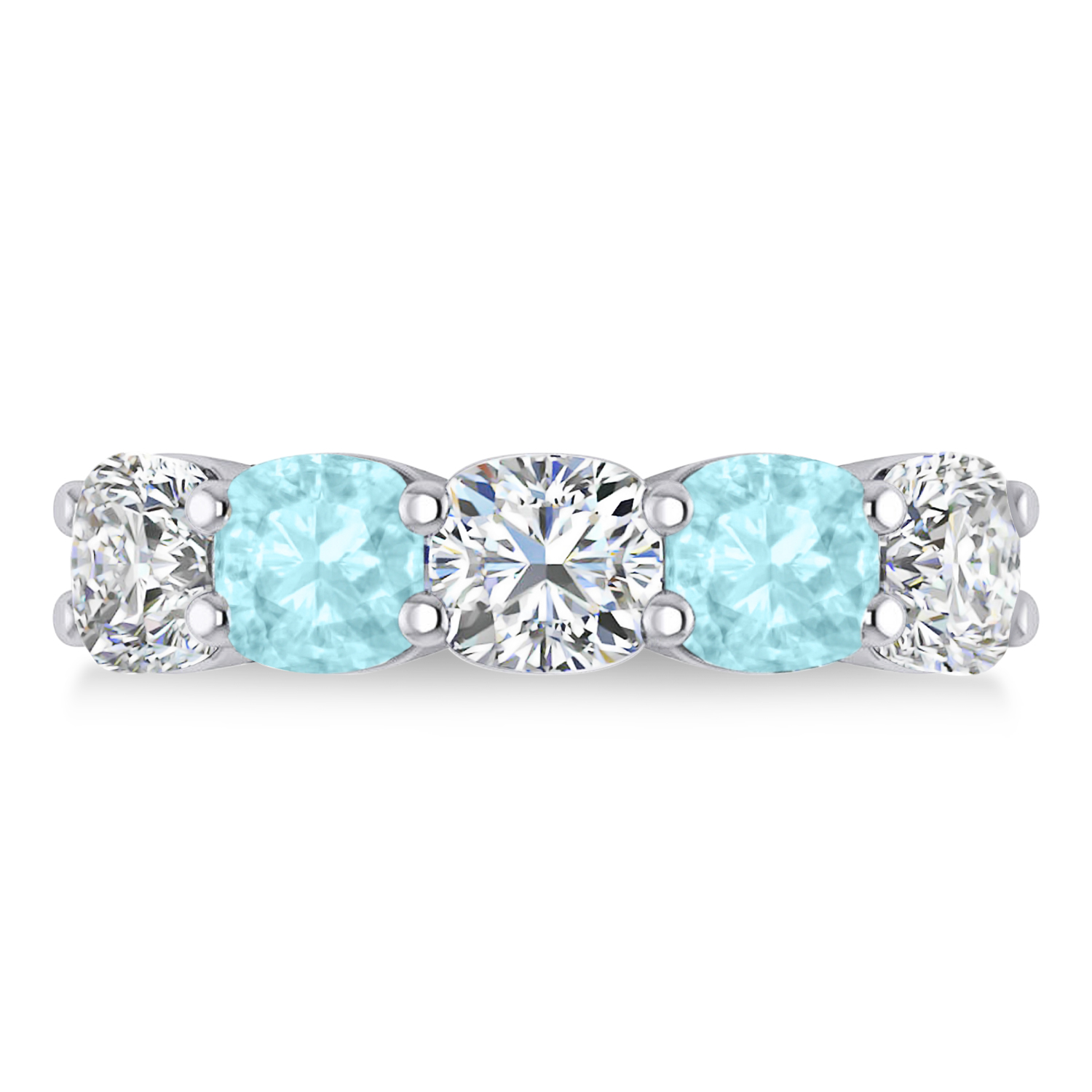Cushion Diamond & Aquamarine Five Stone Ring 14k White Gold (5.20ct)