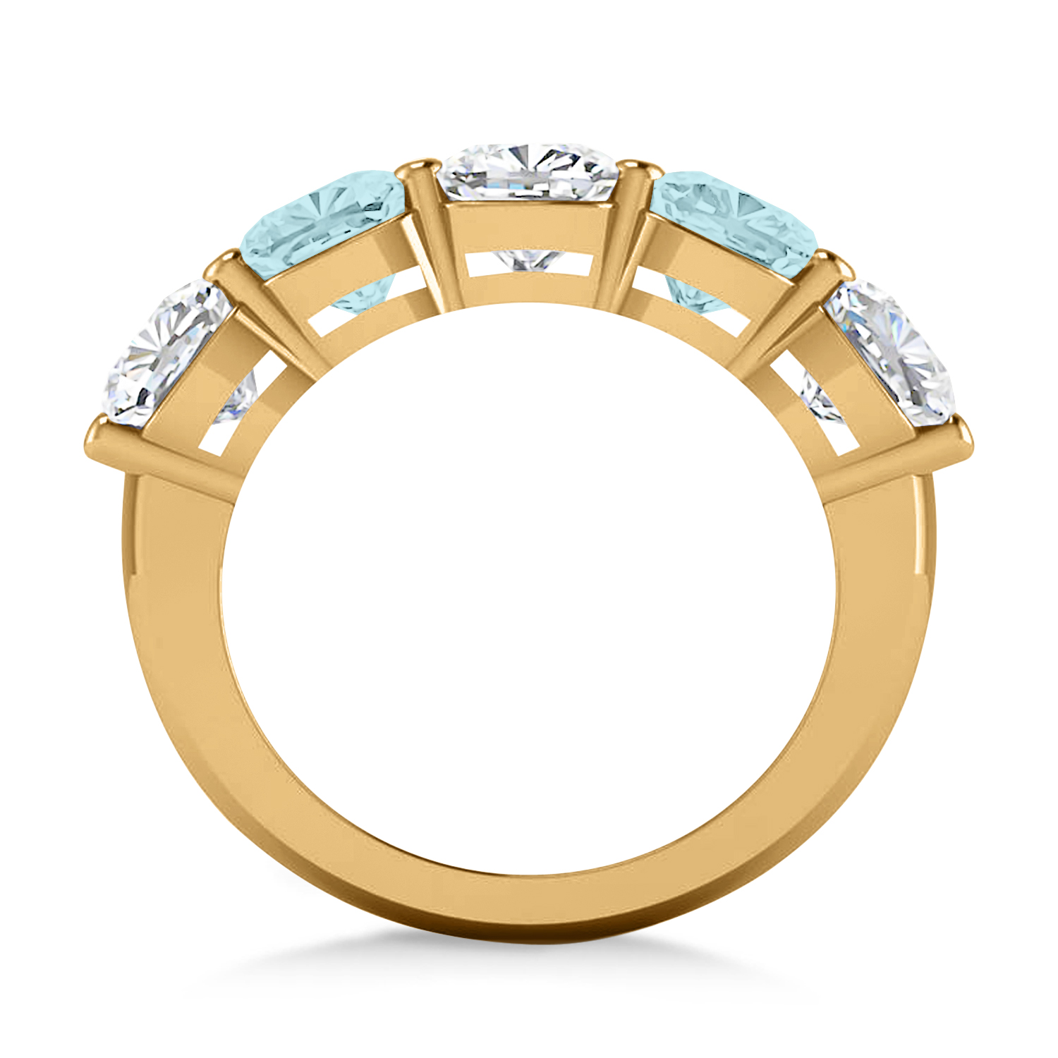 Cushion Diamond & Aquamarine Five Stone Ring 14k Yellow Gold (5.20ct)