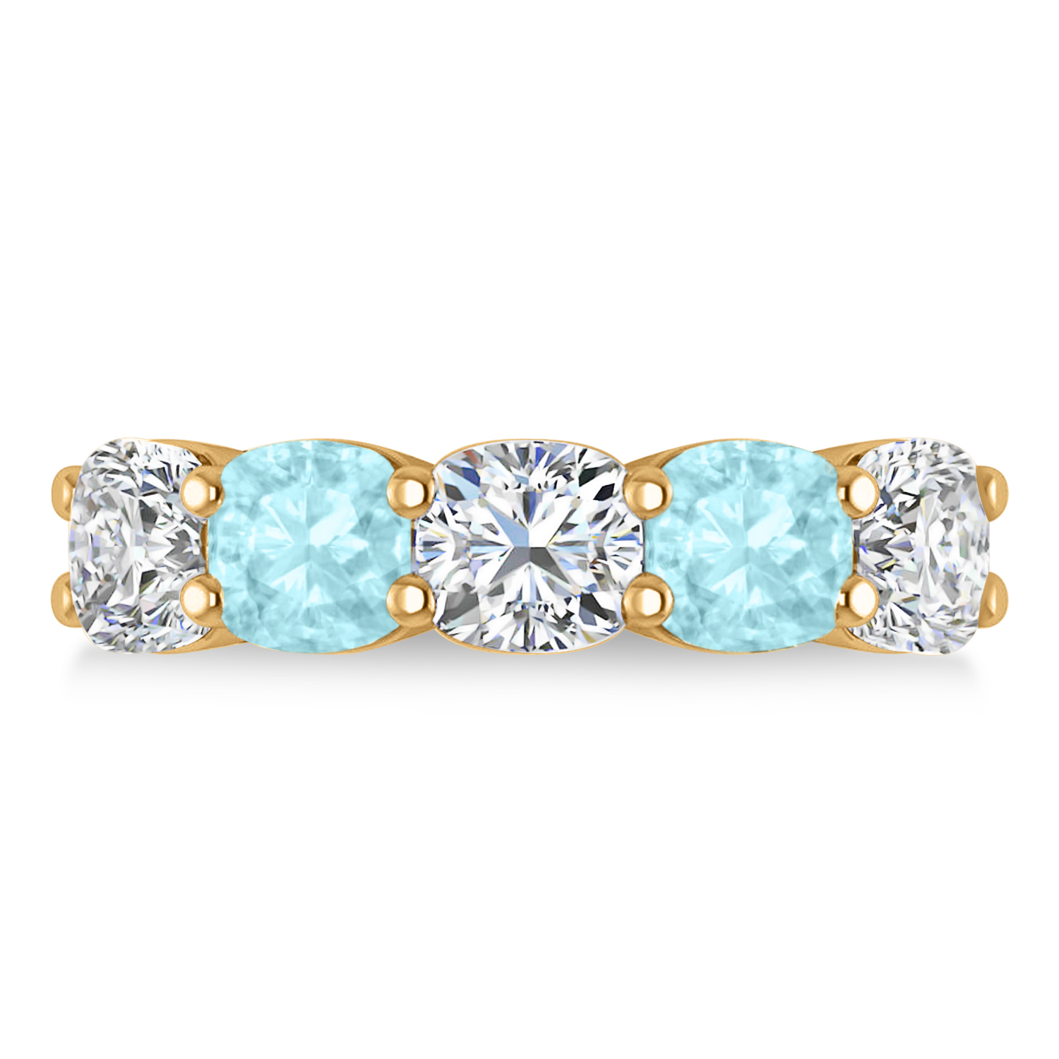 Cushion Diamond & Aquamarine Five Stone Ring 14k Yellow Gold (5.20ct)