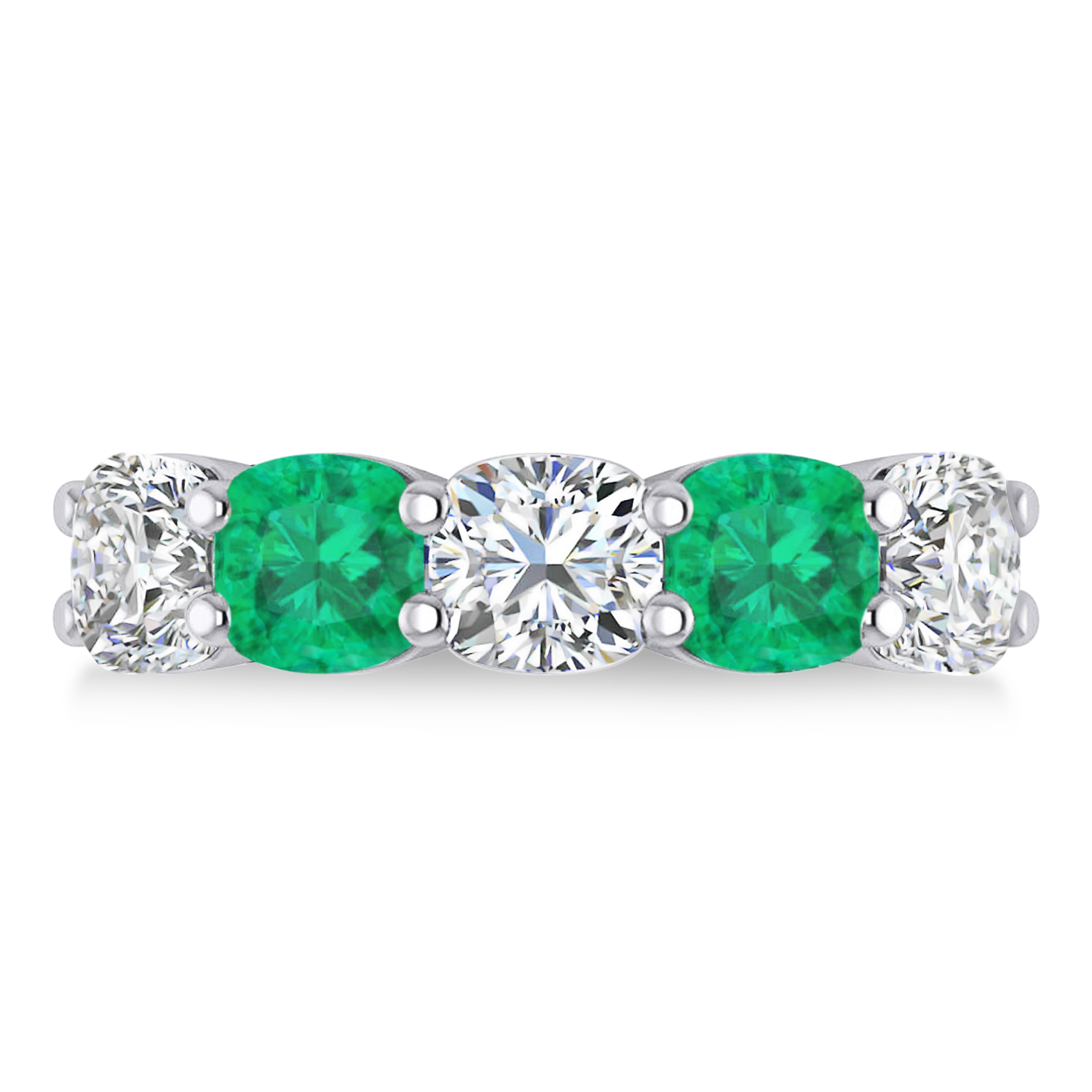 Cushion Diamond & Emerald Five Stone Ring 14k White Gold (5.20ct)
