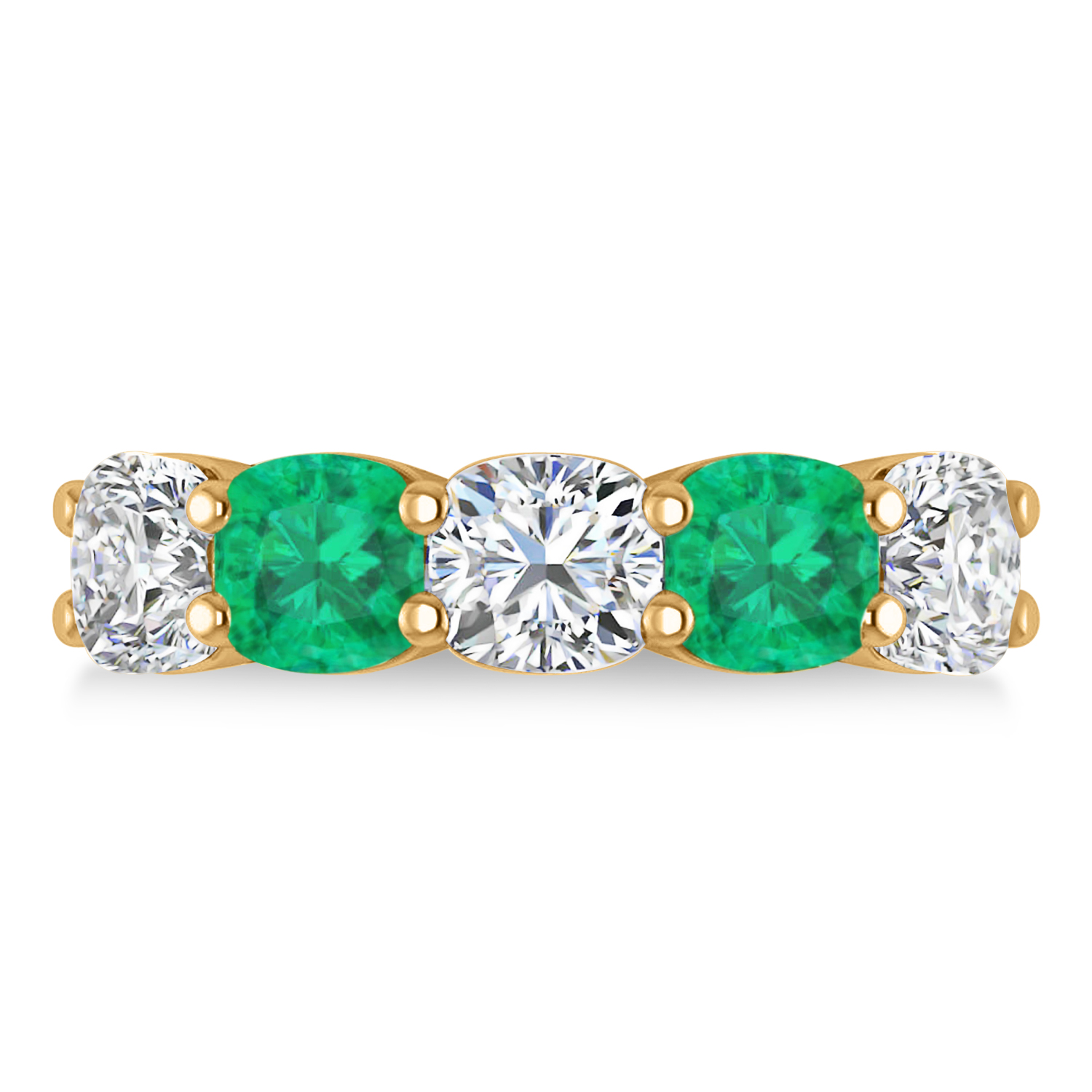 Cushion Diamond & Emerald Five Stone Ring 14k Yellow Gold (5.20ct)