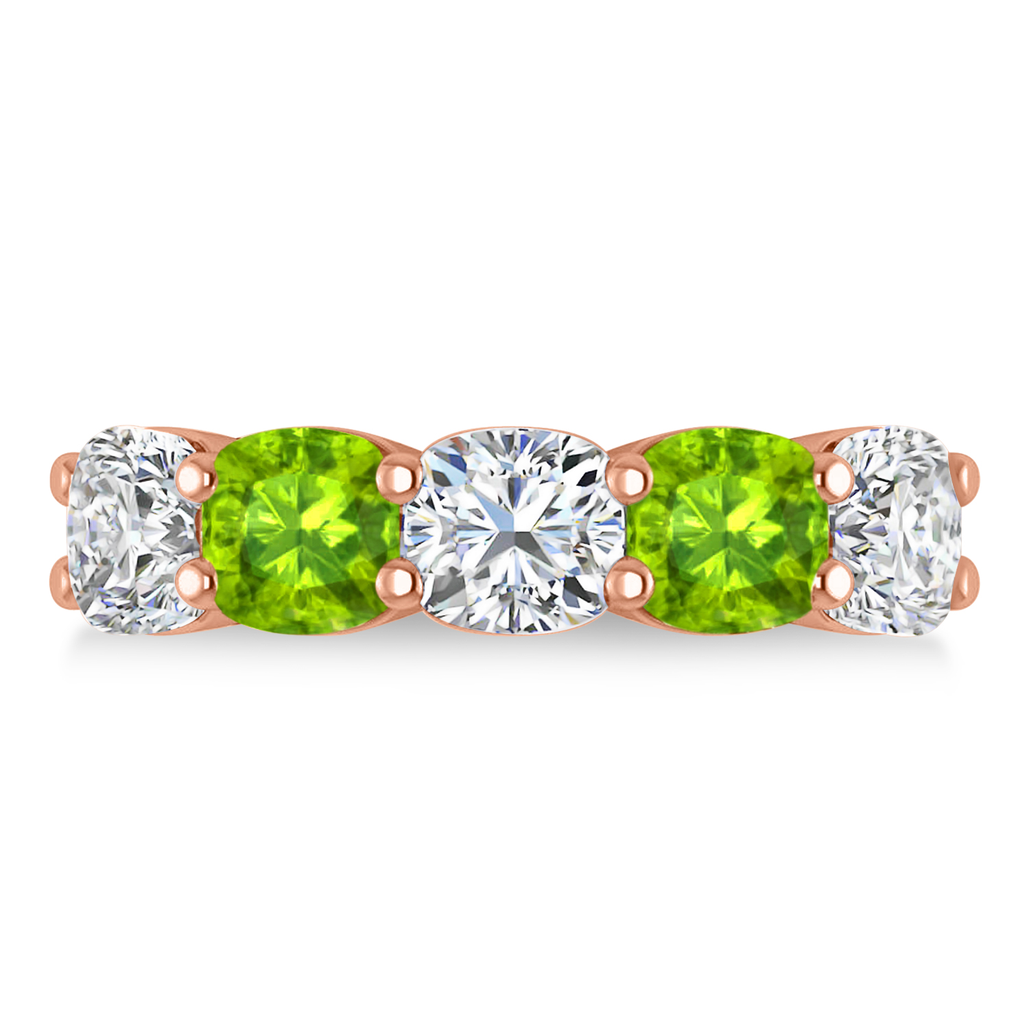 Cushion Diamond & Peridot Five Stone Ring 14k Rose Gold (5.20ct)
