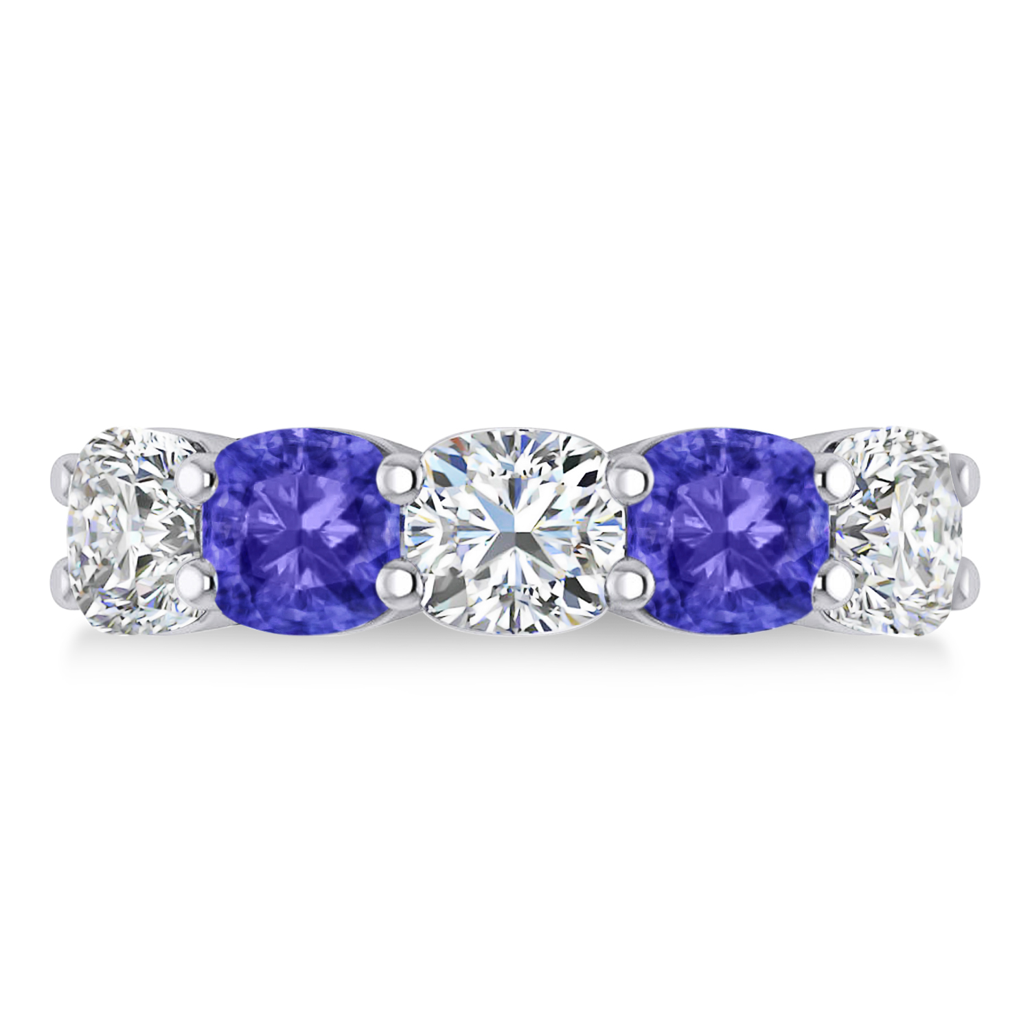Cushion Diamond & Tanzanite Five Stone Ring 14k White Gold (5.20ct)