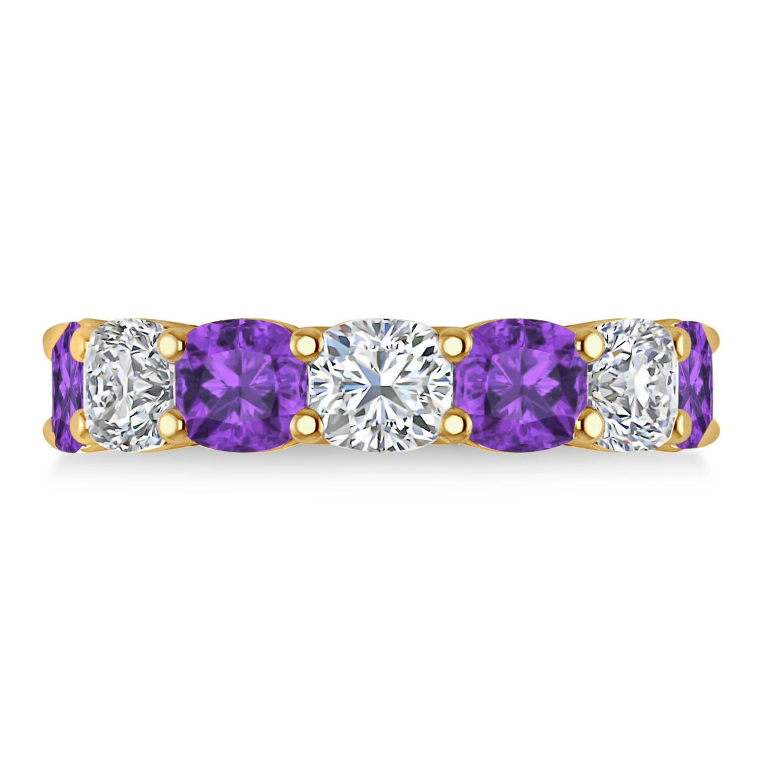 Cushion Diamond & Amethyst Seven Stone Ring 14k Yellow Gold (5.85ct)