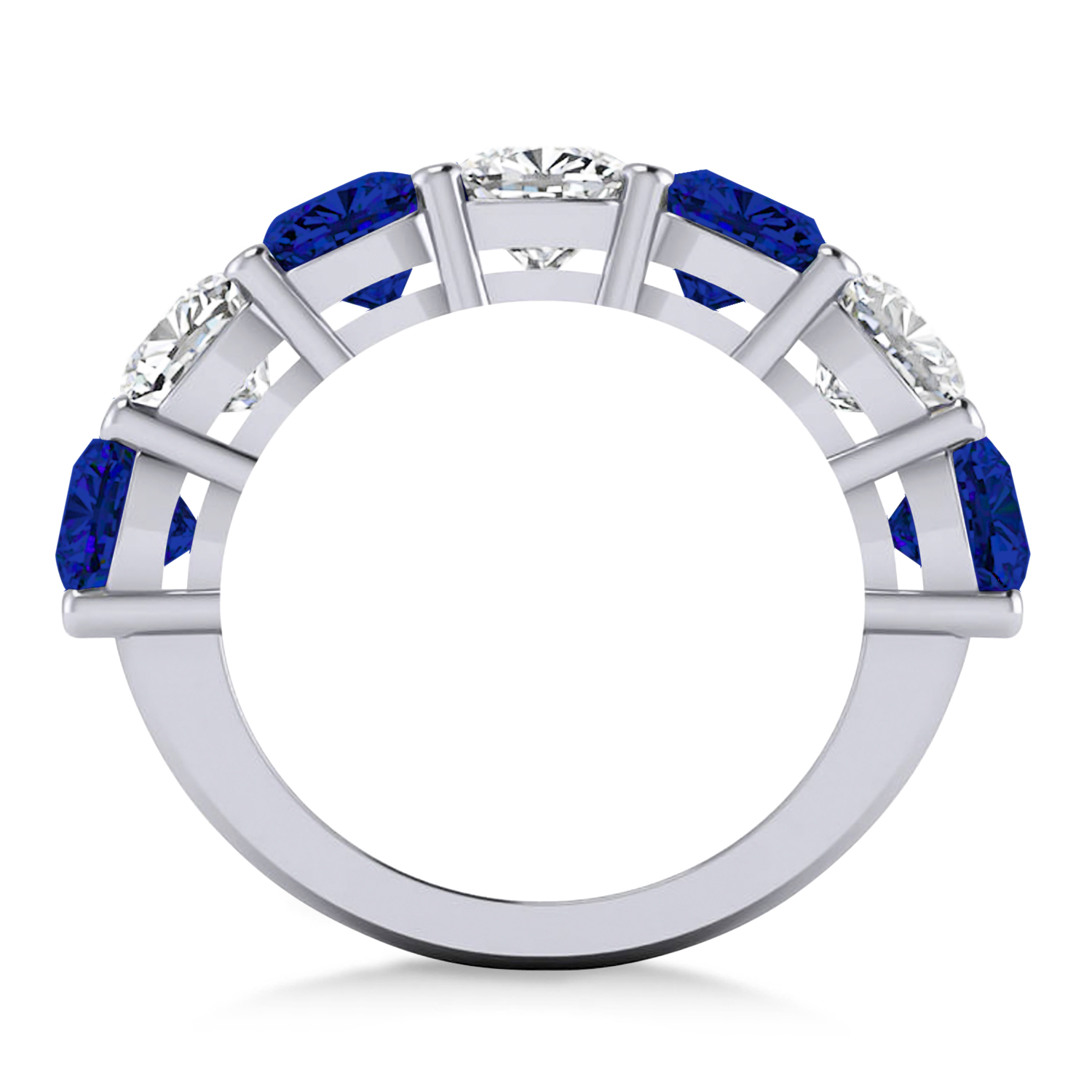 Cushion Diamond & Blue Sapphire Seven Stone Ring 14k White Gold (5.85ct)